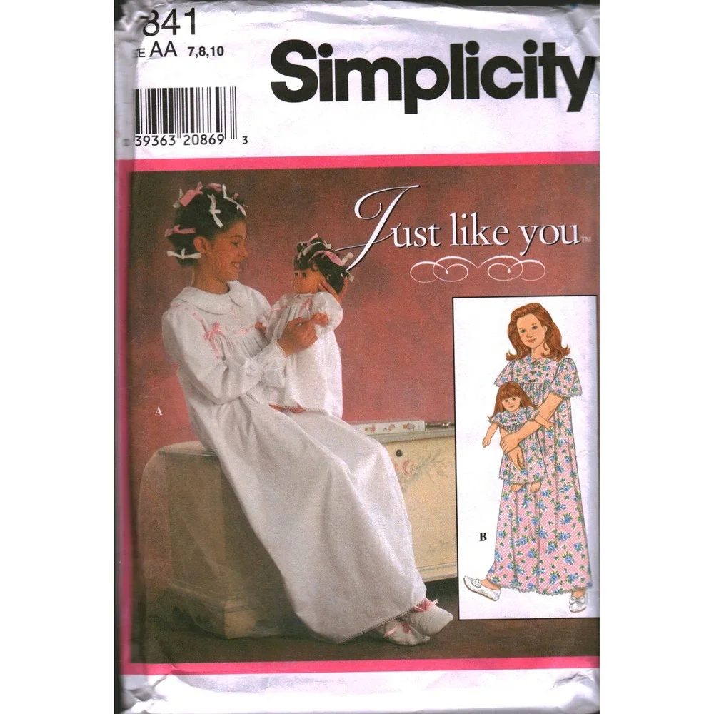 Simplicity 7841 Girls and 18 Inch Doll Matching Nightgown Sewing Pattern Sz 7-10